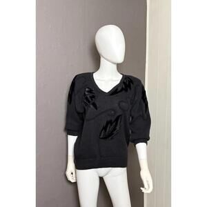 1980's Black Embellished Knit Top size S/M Embroidered Applique from ERIKA